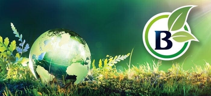 Billi Envrionmentally Focus B logo with globe map on green grass background